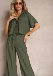 Ciemnozielony 2-Częściowy Komplet z Wiskozy Koszula o Luźnym Kroju Szerokie Spodnie Velvitela. Zielone koszule damskie Renee, bez wzorów, z materiału, eleganckie, bez kołnierzyka, bez ramiączek. Za 139.99 zł.
