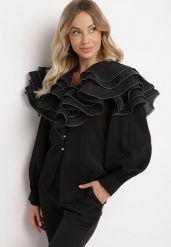 Czarna Elegancka Koszula Ozdobiona Falbanami i Guzikami Leristta. Czarne koszule damskie Born2be, m, bez wzorów, z jeansu, eleganckie, bez kołnierzyka, bez ramiączek. Za 149.99 zł.