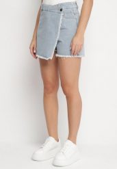 Jasnoniebieskie Jeansowe Spódnico-Spodenki Jeansowe z Bawełny z Wysokim Stanem Neliatha. Niebieskie szorty damskie Born2be, bez wzorów, z bawełny, z podwyższonym stanem. Za 99.99 zł.