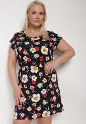 Czarno-Czerwona Wiskozowa Sukienka w Kwiaty z Materiałowym Paskiem w Talii Risse. Czarne sukienki damskie Born2be, bez wzorów, z materiału, bez ramiączek. Za 59.99 zł.