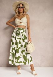 Zielono-Beżowa Rozkloszowana Spódnica High Waist z Gumką w Talii i Guzikami Tinasshi. Zielone spódnice damskie Renee, na lato, m, bez wzorów, z materiału, maxi. Za 69.99 zł.