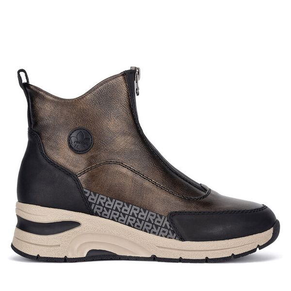 Botki Rieker. Brązowe botki damskie Rieker, bez obcasa, na koturnie, bez zapięcia. Za 269.99 zł.