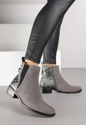 Szare Botki w Stylu Sztybletów z Metaliczną Aplikacją Verinette. Szare botki damskie Renee, z jeansu, eleganckie, bez obcasa, na płaskiej podeszwie, bez zapięcia. Za 189.99 zł.