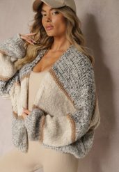 Beżowy Kardigan Niezapinany z Wełną Ozdobiony Paskami Irinaa. Brązowe kardigany damskie Renee, z aplikacjami, z wełny. Za 149.99 zł.