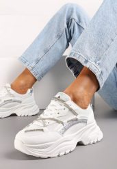 Białe Sneakersy na Platformie z Brokatem i Cyrkoniami Ebavia. Białe obuwie sportowe damskie Born2be, bez zapięcia. Za 99.99 zł.