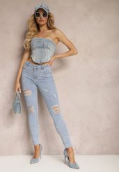 Jasnoniebieskie Casualowe Jeansy Skinny High Waist Ozdobione Przetarciami na Nogawkach Cannesi. Niebieskie jeansy damskie Renee, na lato, bez wzorów, z jeansu, z podwyższonym stanem. Za 49.99 zł.