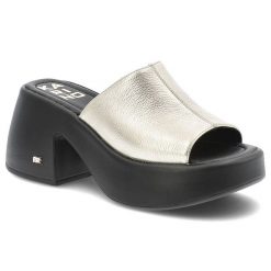 Złote Klapki Karino Eleganckie Obuwie Damskie Na Obcasie. Żółte klapki damskie Karino, bez wzorów, ze skóry, z otwartym noskiem, bez obcasa, na obcasie, bez zapięcia. Za 399.00 zł.