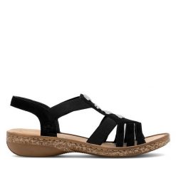 Sandały Rieker. Czarne sandały damskie Rieker, bez wzorów, bez obcasa, na płaskiej podeszwie, bez zapięcia. Za 289.99 zł.