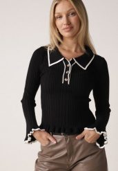 Czarny Sweter z Wiskozą w Stylu Retro z Kołnierzykiem i Guzikami Sarrise. Czarne kardigany damskie Born2be, s, z aplikacjami, z dzianiny. Za 99.99 zł.