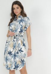 Niebieska Koszulowa Sukienka Mini z Materiałowym Paskiem z Wzorzystej Bawełny Besana. Niebieskie sukienki damskie Born2be, bez wzorów, z bawełny, bez ramiączek. Za 139.99 zł.