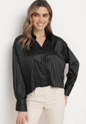 Czarna Koszula Oversize Ozdobiona Metaliczną Nicią Ivenna. Czarne koszule damskie Born2be, l, bez wzorów, bez kołnierzyka, bez ramiączek. Za 119.99 zł.
