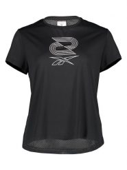 Reebok Koszulka w kolorze czarnym do biegania rozmiar: M. Czarne koszulki damskie Reebok, m, bez wzorów, z materiału, bez kołnierzyka, bez ramiączek. Za 59.45 zł.