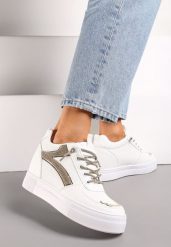 Biało-Złote Sneakersy ze Wstawką z Cyrkonii na Ukrytym Koturnie Hricane. Białe obuwie sportowe damskie Renee, bez zapięcia. Za 79.99 zł.