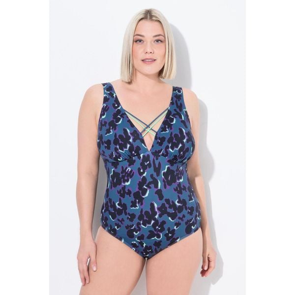 Damski Kostium kąpielowy nakrapiany miękkie miseczki ozdobne tasiemki. Niebieskie stroje jednoczęściowe Ulla Popken, bez wzorów, z elastanu. Za 244.99 zł.