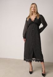 Czarna Sukienka w Kropki z Koronką i Transparentnymi Rękawami Hetiera. Czarne sukienki damskie Born2be, bez wzorów, z koronki, klasyczne, bez ramiączek. Za 139.99 zł.