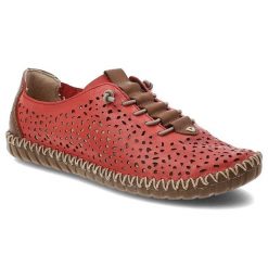 Półbuty damskie Rieker, cholewka ze skóry naturalnej licowej z ażurową perforacją fason na płaskiej podeszwie, czerwone, M2856-33. Czerwone półbuty damskie Rieker, w ażurowe wzory, ze skóry, bez obcasa, na płaskiej podeszwie, bez zapięcia. Za 329.00 zł.