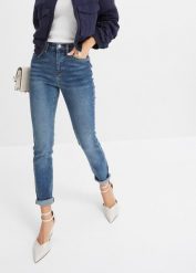 Dżinsy skinny, high waist. Niebieskie jeansy damskie bonprix, z podwyższonym stanem. Za 144.99 zł.