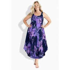 Damskie Sukienka midi wzór w lilie krój trapezowy okrągły dekolt bez rękawów. Niebieskie sukienki damskie Ulla Popken, bez wzorów, z materiału, sportowe, bez ramiączek. Za 279.99 zł.