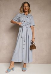 Niebieska Sukienka z Lnu i Wiskozy o Koszulowym Fasonie Weolara. Niebieskie sukienki damskie Renee, bez wzorów, z materiału, eleganckie, bez ramiączek. W wyprzedaży za 111.99 zł.