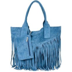 Shopperka boho skórzana VERA PELLE L83 niebieska. Niebieskie torebki klasyczne damskie z materiału, zamszowe, bez dodatków. Za 175.99 zł.