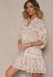 Beżowa Rozkloszowana Sukienka z Wiskozy w Etniczny Print z Wiązaniem z Frędzlami Ravpio. Brązowe sukienki damskie Renee, bez wzorów, z wiskozy, eleganckie, bez ramiączek. W wyprzedaży za 91.99 zł.