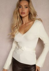 Beżowy Prążkowany Sweter z Wiskozą Ozdobiony Kwiatową Aplikacją i Paskiem Clevina. Brązowe swetry klasyczne damskie Renee, m, prążkowane, bez kołnierzyka. Za 99.99 zł.