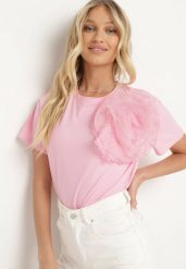 Różowy T-shirt Koszulka z Krótkim Rękawem i Aplikacją w Kształcie Kwiatu Nestairis. Czerwone bluzki damskie Born2be, m, z aplikacjami, bez kołnierzyka. Za 79.99 zł.