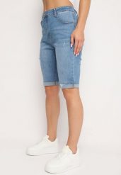 Niebieskie Dopasowane Szorty Jeansowe do Kolan Namsin. Niebieskie szorty damskie Born2be, bez wzorów, z denimu. Za 84.99 zł.