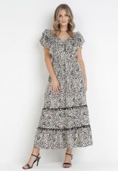 Czarna Rozkloszowana Sukienka Maxi z Ozdobnym Dekoltem i Gumką w Talii z Wiskozy Adyni. Czarne sukienki damskie Born2be, bez wzorów, z wiskozy, bez ramiączek. Za 119.99 zł.