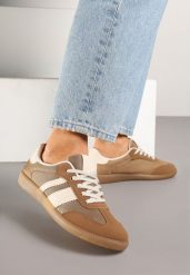 Ciemnobeżowe Sneakersy w Stylu Tenisówek Ozdobione Paskami Jenaniela. Brązowe obuwie sportowe damskie Renee, z jeansu, bez zapięcia, tenisowe. Za 69.99 zł.