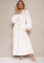 Biała Sukienka z Wiskozy Oversize Ozdobiona Haftem Venalari. Białe sukienki damskie Renee, bez wzorów, z wiskozy, eleganckie, bez ramiączek. W wyprzedaży za 104.99 zł.