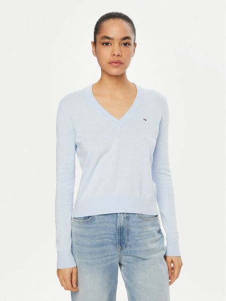 Tommy Jeans Sweter Essential DW0DW19888 Błękitny Regular Fit. Niebieskie swetry klasyczne damskie Tommy Jeans, xxs, z bawełny, bez kołnierzyka. Za 219.99 zł.