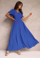 Niebieska Rozkloszowana Sukienka z Kopertowym Dekoltem Obillis. Niebieskie sukienki damskie Renee, bez wzorów, z jeansu, eleganckie, bez ramiączek. W wyprzedaży za 111.99 zł.