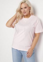 Jasnoróżowy T-shirt ze Wzorem z Cyrkonii Olisellea. Czerwone t-shirty damskie Born2be, xl, bez wzorów, z bawełny, bez kołnierzyka. Za 44.99 zł.
