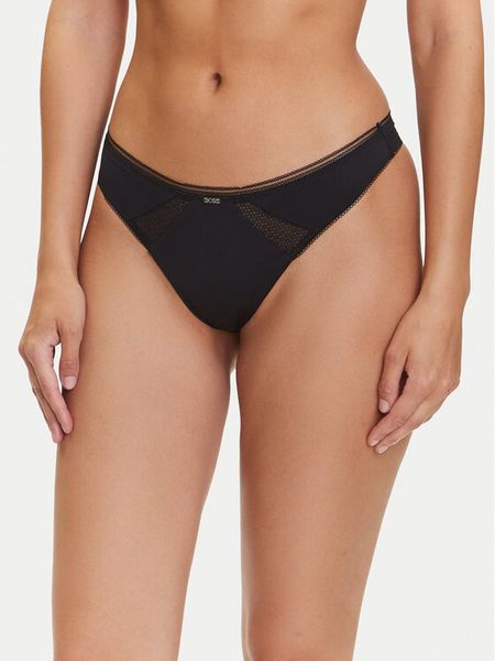 BOSS Stringi Pure 50545055 Czarny. Czarne stringi Boss, bez wzorów, z syntetyku. Za 79.99 zł.