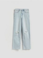 Jeansy straight z przetarciami - niebieski. Niebieskie jeansy damskie Reserved. Za 139.99 zł.