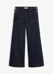 Jeansy wide leg z wysokim stanem i naszywanymi kieszeniami. Niebieskie jeansy damskie bonprix, z podwyższonym stanem. Za 129.99 zł.