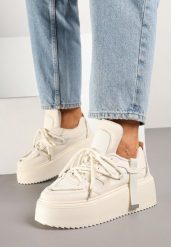 Beżowe Sneakersy na Platformie Ozdobione Sznurowaniem Vilvia. Brązowe obuwie sportowe damskie Renee, z jeansu, bez zapięcia. Za 99.99 zł.