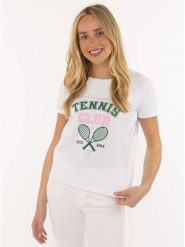 Zwillingsherz Koszulka "Tennis Club" w kolorze białym rozmiar: L. Białe bluzki damskie Zwillingsherz, l, bez wzorów, z bawełny, bez kołnierzyka, bez ramiączek. Za 118.84 zł.