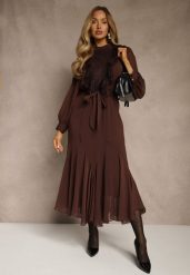 Brązowa Romantyczna Sukienka z Bufiastymi Rękawami i Falbanką z Koronki Sewmira. Brązowe sukienki damskie Renee, bez wzorów, z koronki, eleganckie, bez ramiączek. Za 159.99 zł.