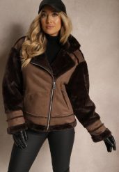Brązowa Ocieplona Kurtka Biker z Futerkiem i Asymetrycznym Zapięciem Lioyana. Brązowe kurtki damskie Renee, s, bez wzorów, z dzianiny, bez kaptura. Za 339.99 zł.