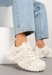 Beżowe Sneakersy z Designerskim Sznurowaniem Nuritha. Brązowe obuwie sportowe damskie Renee, bez zapięcia. Za 99.99 zł.