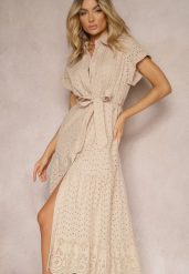 Beżowa Koszulowa Sukienka z Ażurowej Bawełny Wiązana w Talii Lulilena. Brązowe sukienki damskie Renee, w ażurowe wzory, z bawełny, eleganckie, bez ramiączek. W wyprzedaży za 183.99 zł.