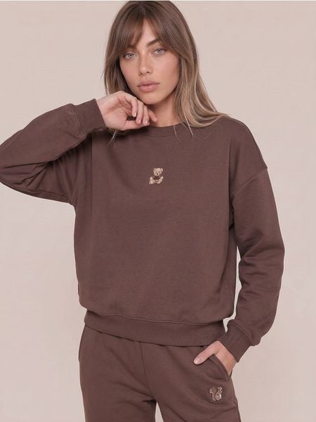 Bluza crewneck z motywem misia - brązowy. Brązowe bluzy damskie Sinsay, l, bez wzorów, bez kaptura. Za 39.99 zł.
