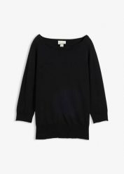 Sweter z domieszką jedwabiu. Niebieskie swetry klasyczne damskie bonprix, z bawełny, bez kołnierzyka. Za 139.99 zł.