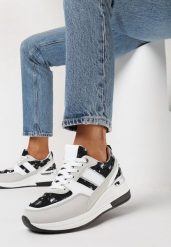 Biało-Czarne Sneakersy na Grubej Podeszwie z Brokatem i Cekinami Asseni. Białe obuwie sportowe damskie Born2be, bez zapięcia. Za 99.99 zł.