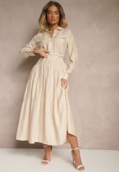 Beżowa Rozkloszowana Sukienka z Wiskozy z Guzikami i Paskiem Ronesa. Brązowe sukienki damskie Renee, bez wzorów, z wiskozy, eleganckie, bez ramiączek. W wyprzedaży za 135.99 zł.