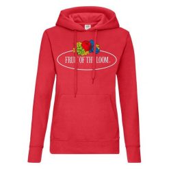 Damska Bluza Z Kapturem Z Nadrukiem Logo W Stylu Vintage. Czerwone bluzy damskie Fruit of the Loom, l, bez wzorów, z kapturem. Za 114.99 zł.