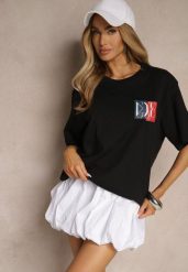 Czarna Koszulka z Bawełny z Ozdobnym Nadrukiem Olinesse. Czarne bluzki damskie Renee, l, bez wzorów, z bawełny, bez kołnierzyka, bez ramiączek. Za 29.99 zł.