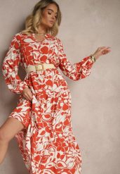 Czerwona Pudełkowa Sukienka z Wiskozy w Kwiatowy Print Ridielia. Czerwone sukienki damskie Renee, bez wzorów, z wiskozy, eleganckie, bez ramiączek. W wyprzedaży za 63.99 zł.